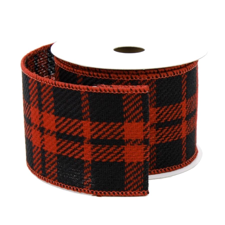 Plaid Gingham Faux Burlap Ribbon Wired Edge, Black/Red, 2-1/2-Inch, 10 Yards