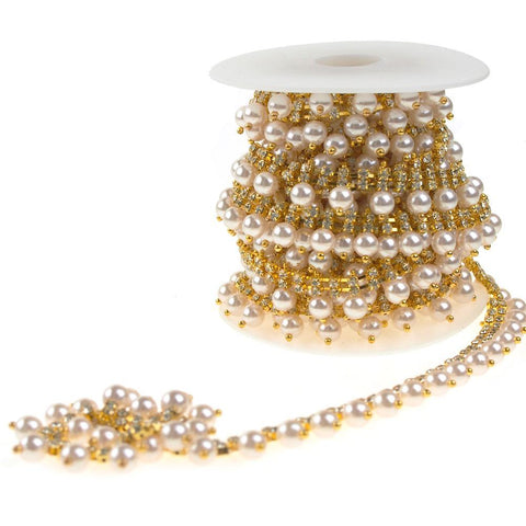 Dual Row Rhinestone with Hanging Pearl Trim, Gold, 3/4-Inch, 5-Yard