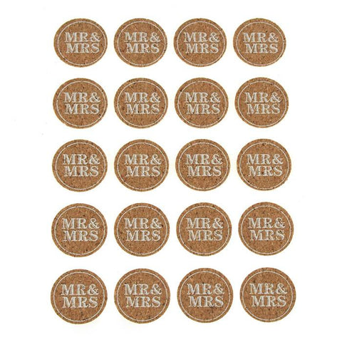 Self Adhesive Natural Cork Tags MR & MRS, Circle, 1-inch, 20-count