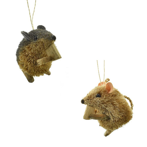 Nibbling Mice Rattan Christmas Ornaments, Assorted Colors, 2-1/2-Inch, 2-Piece