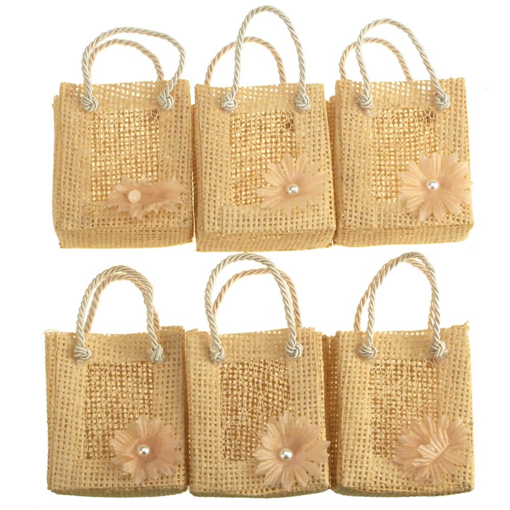 Mini Woven Favor Tote Bags, Daisy, Natural, 3-Inch, 6-Piece