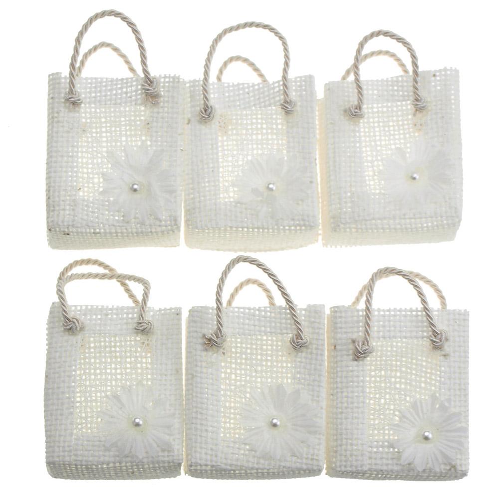 Mini Woven Favor Tote Bags, Daisy, White, 3-Inch, 6-Piece