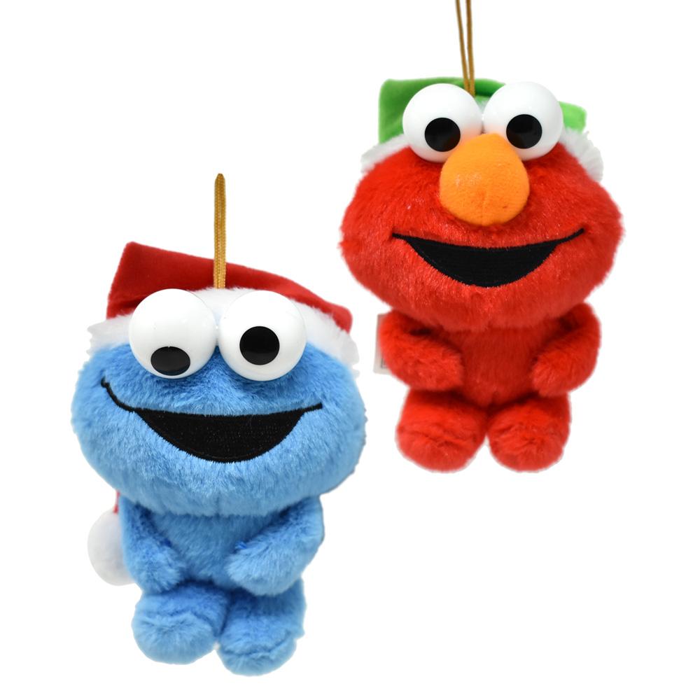 Hanging Plush Elmo and Cookie Monster with Santa Hat Christmas Ornament, 5-Inch, 2-Piece