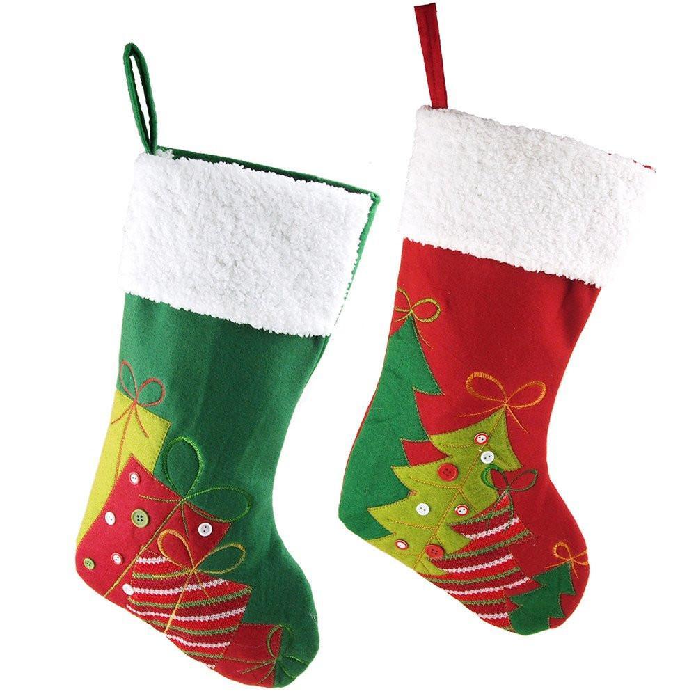 Christmas Tree Presents w/ White Cuff Stockings, Red/Green, 20-Inch, 2-Piece