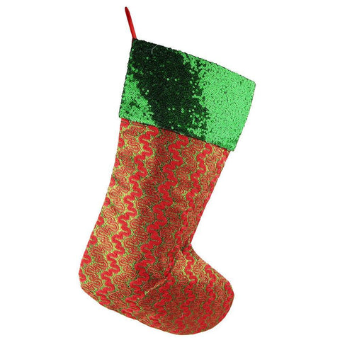 Metallic Wave Lines Christmas Stockings with Green Cuff, Red, 20-Inch