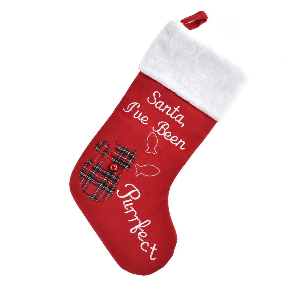 Plaid Cat with Bell Felt Christmas Stocking with Faux Fur Cuff, Red, 17-1/2-Inch