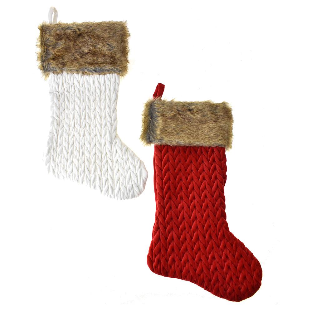 Cuffed Crochet Velvet Christmas Stockings, Red/Ivory, 20-Inch, 2-Piece