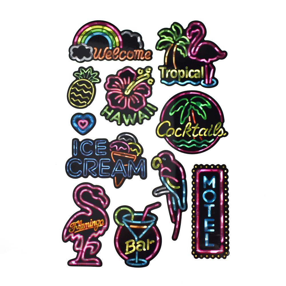 Tropical Flamingo Paradise Holographic Foil Neon Stickers, 11-Piece