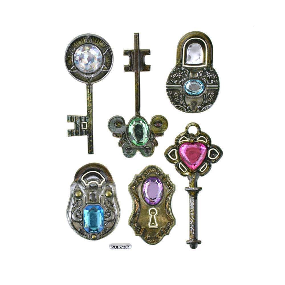 Key & Locket Vintage Style Jewel Stickers, 6-Piece