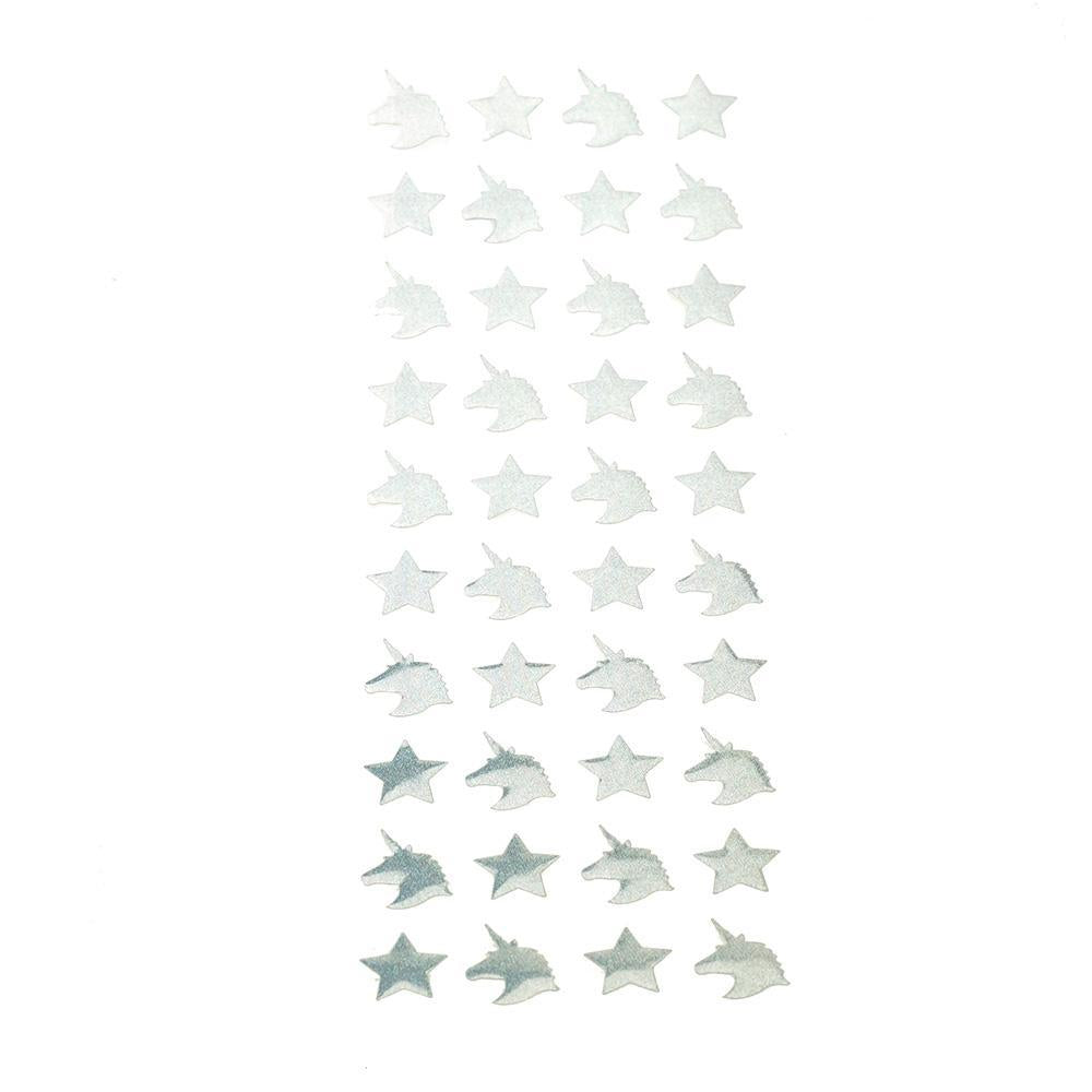 Double Sided Holographic Unicorn and Star Stickers, Silver, 40-Piece