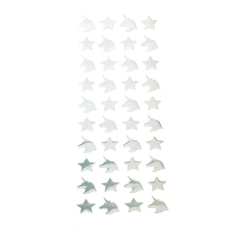 Double Sided Holographic Unicorn and Star Stickers, Silver, 40-Piece