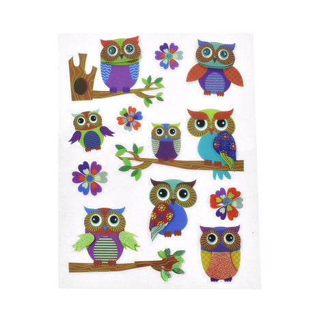 Colorful Owl Clear Glitter Stickers, 11-Piece
