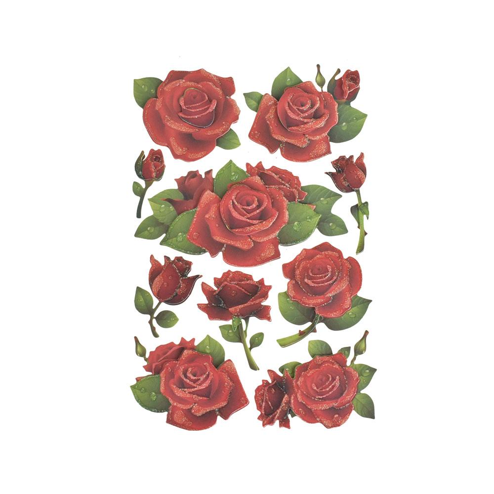 Red Roses Glitter Floral 3-D Stickers, 10-Piece