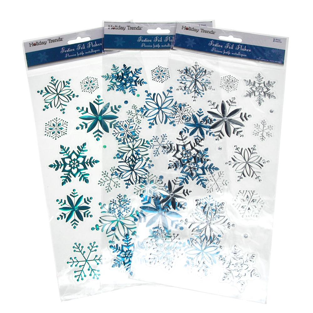 Festive Foil Snowflakes Stickers, Royal Blue/Turquoise/Silver, 3-Packs