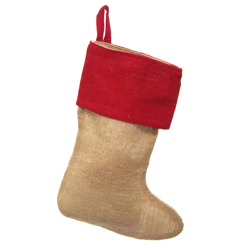 Natural Burlap Christmas Stockings with Red Cuff, 17-Inch, 6-Piece
