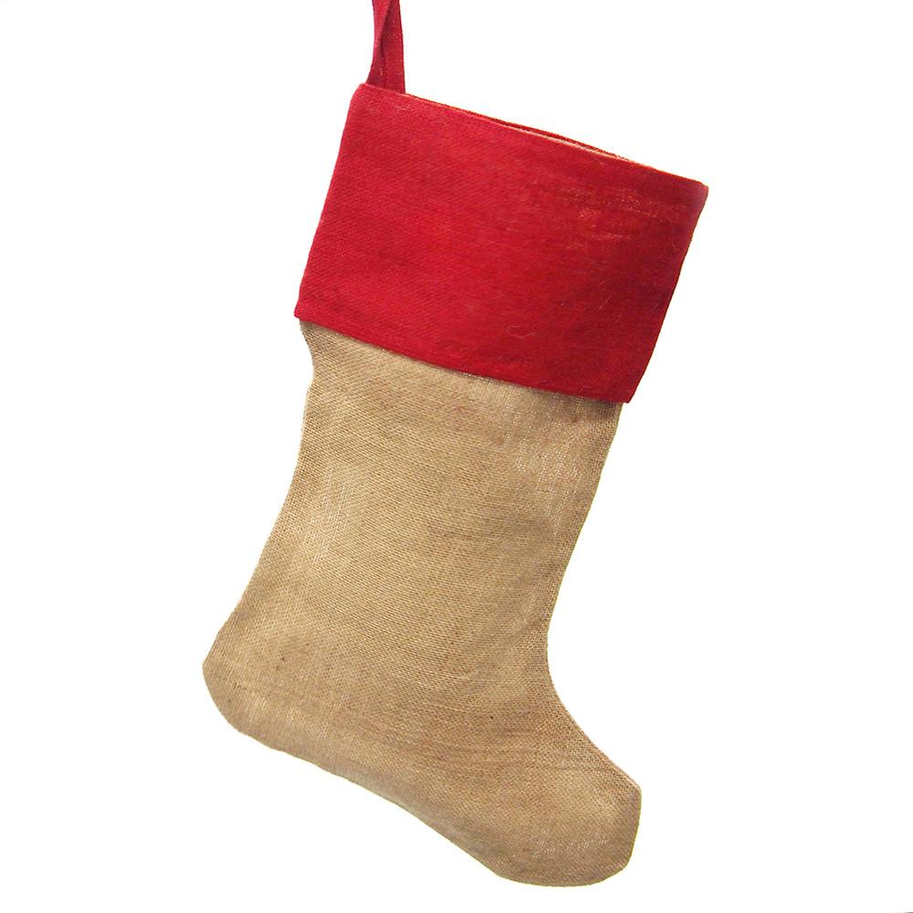 Natural Burlap Christmas Stocking w/ Red Cuff, 24-Inch, 6-Piece