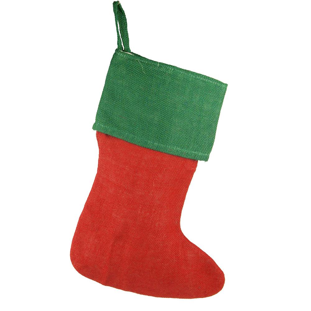 Red Burlap Christmas Stockings with Green Cuff, 17-Inch, 6-Piece