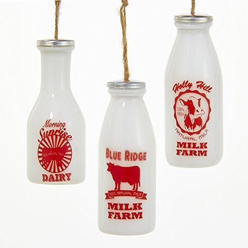 Vintage Milk Bottle Glass Ornament, White, 3-3/4-Inch, 3-Piece
