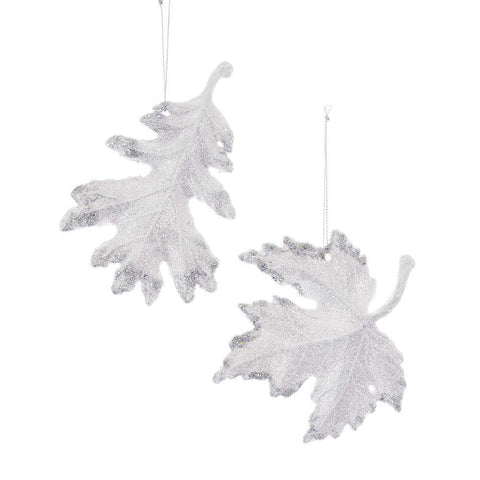 Acrylic Glitter Snowy Leaves Christmas Ornaments, White, 5-Inch, 2-Piece