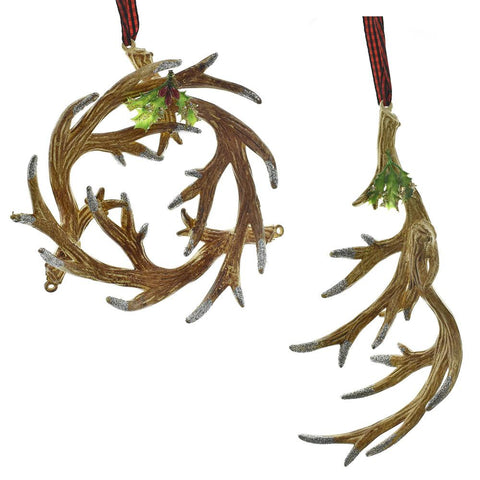 Reindeer Antler Christmas Ornaments, Brown, Assorted Sizes, 2-Piece