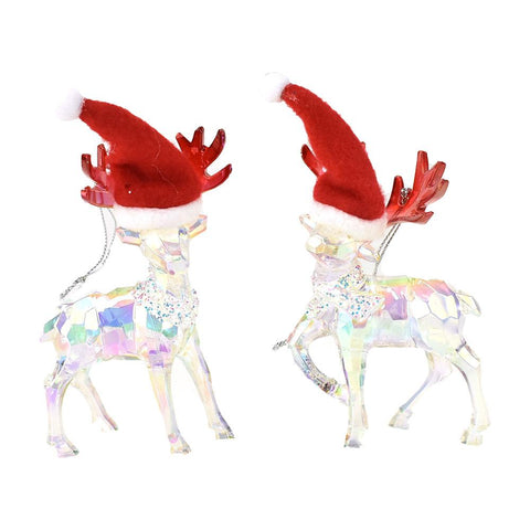 Geometric Iridescent Reindeer with Santa Hat Ornaments, 5-Inch, 2-Piece
