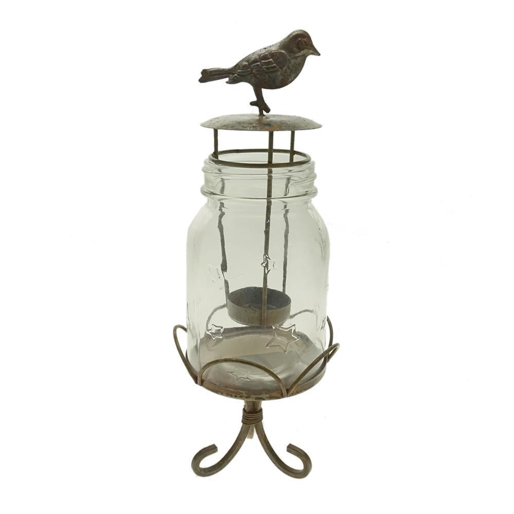 Small Mason Jar with Bird Designed Tea Light Holder and Stand, 11-1/2-Inch