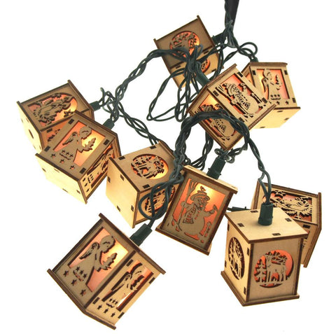 Christmas Wood Lantern 10 Lights Novelty Set, 2-Inch