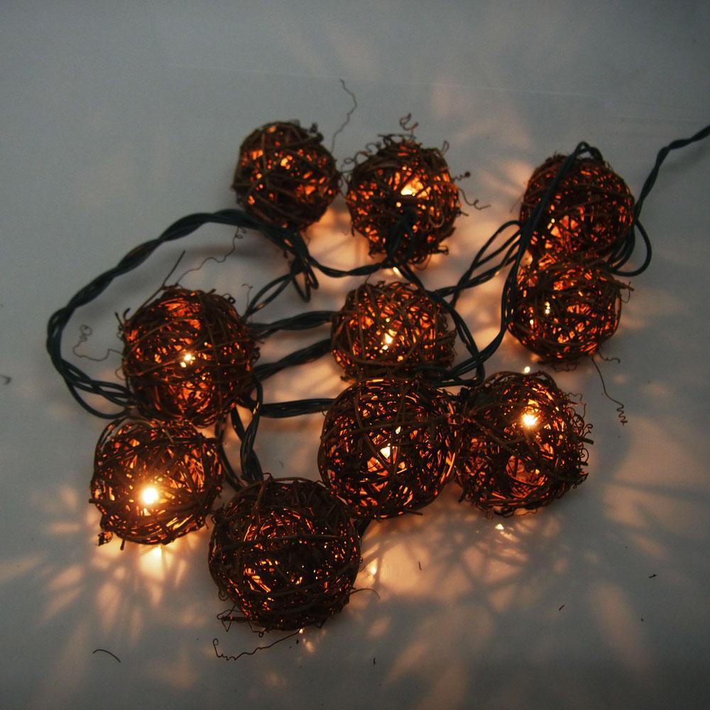 Christmas Rattan Ball 10-Light Set, 2-Inch
