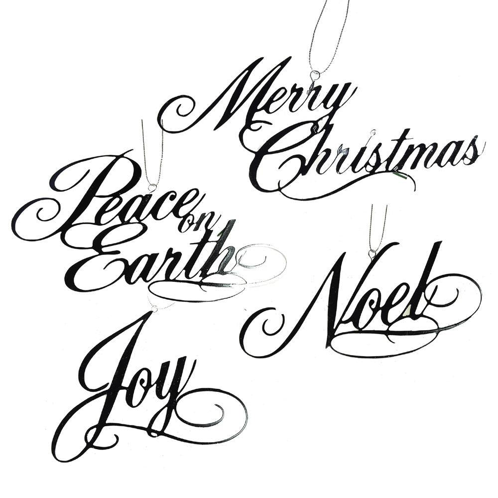 Holiday Script Metal  Christmas Ornaments, White, 4-Inch, 4-Piece