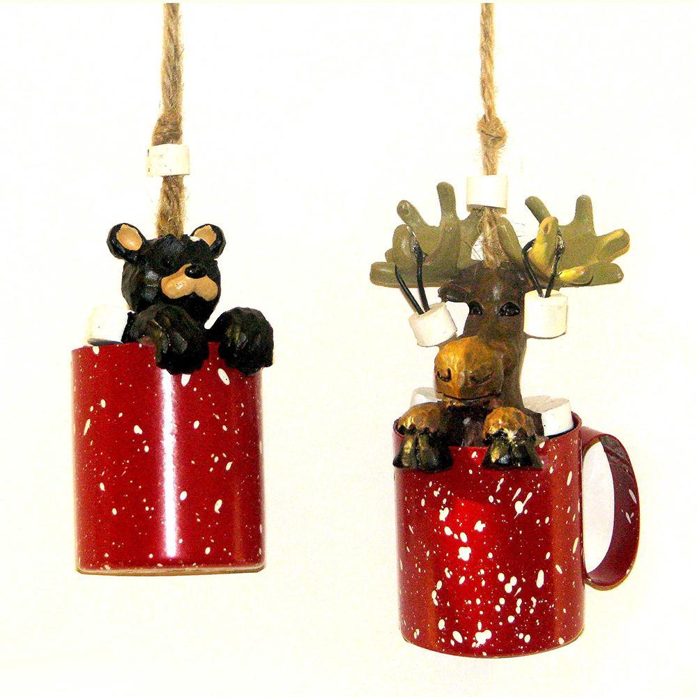 Moose and Bear Hot Cocoa Mug Christmas Ornaments, 2-Piece