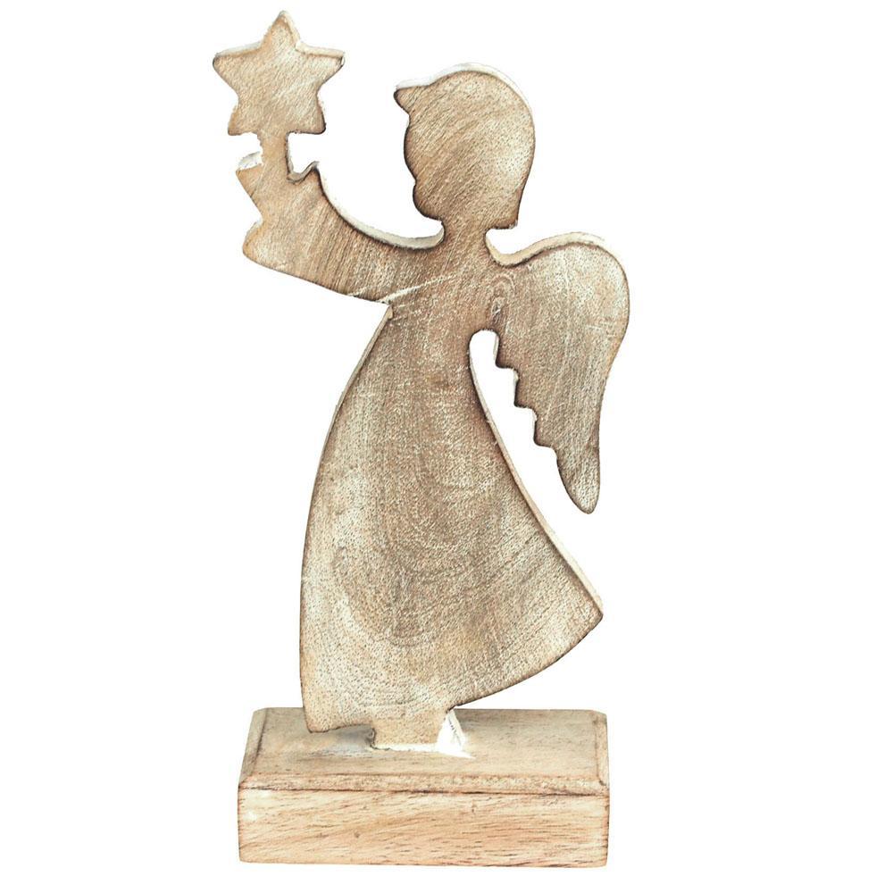 Wooden Angel Holding Star Christmas Ornament, White/Natural, 9-Inch