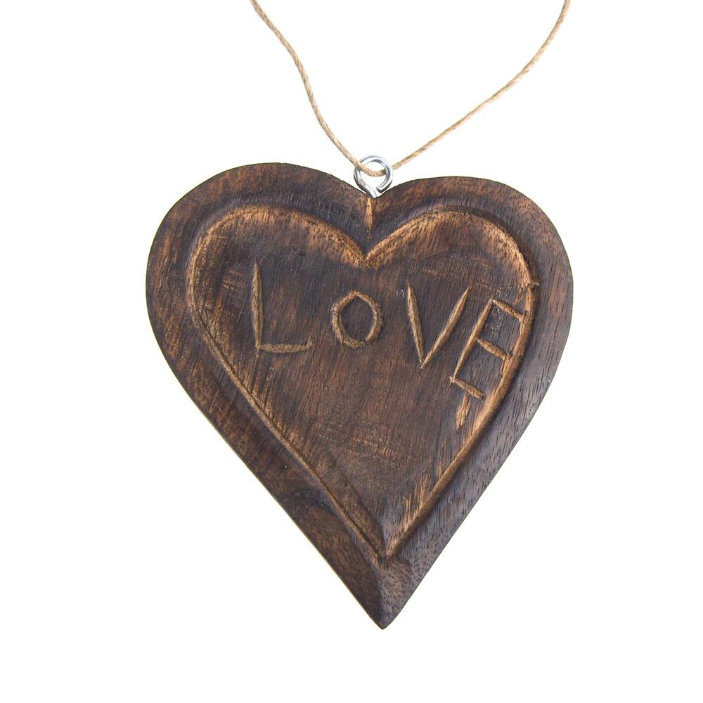Hanging "Love" Carved Heart Christmas Tree Ornament, Brown, 4-Inch