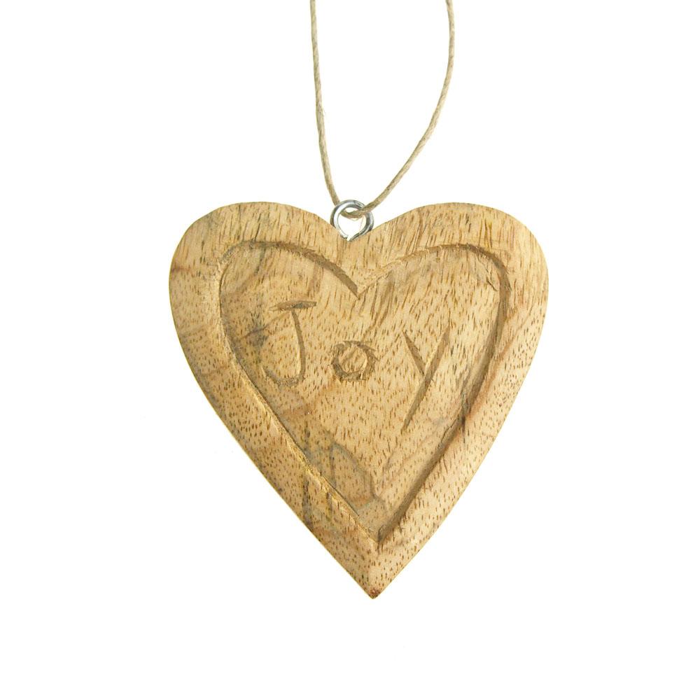 Hanging "Joy" Carved Heart Christmas Tree Ornament, Natural, 3-1/2-Inch