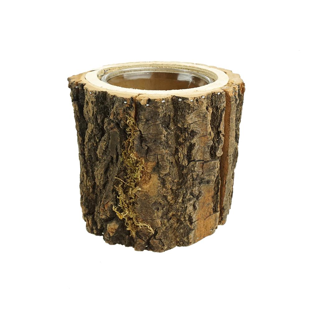 Wooden Bark Planter with Inner Glass Vase, 5-Inch
