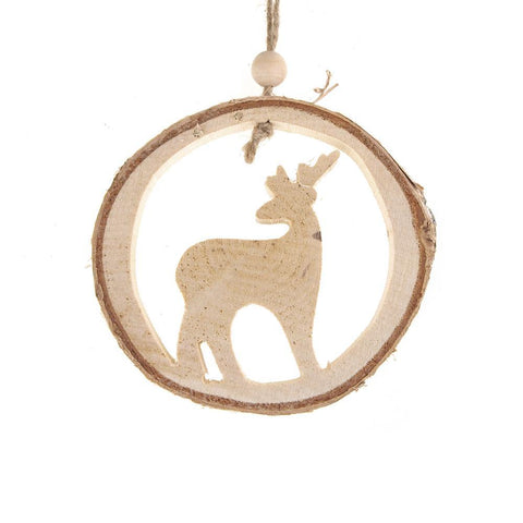 Carved Wood Reindeer Round Hanging Christmas Tree Ornament, Natural, 4-1/4-Inch
