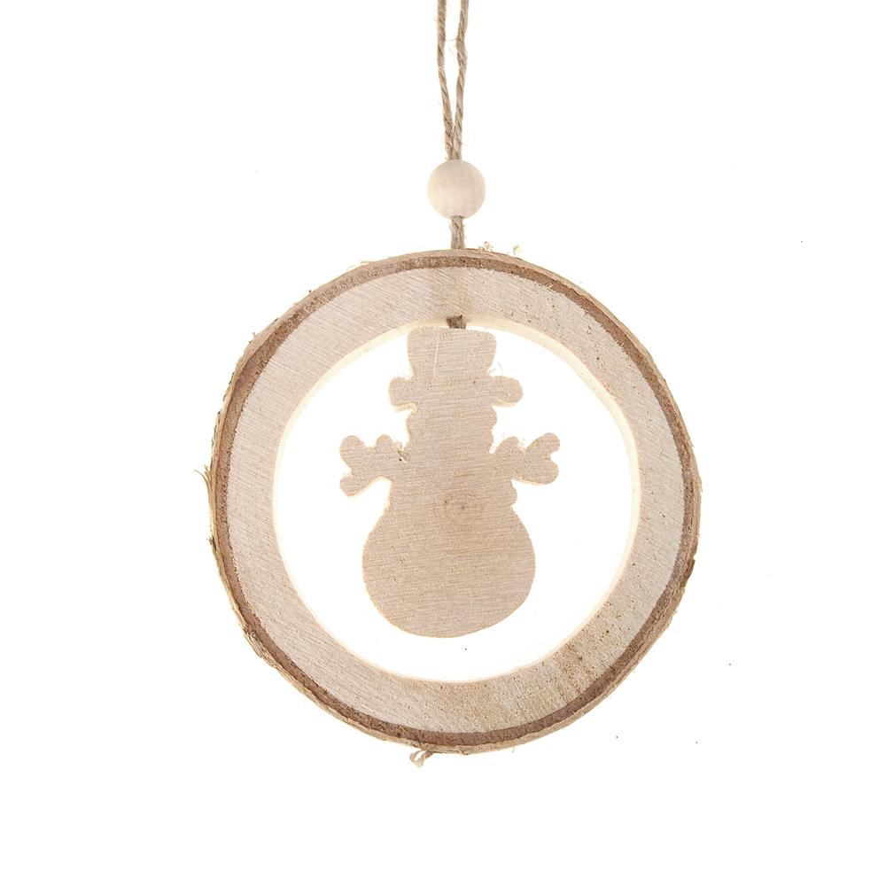 Carved Wood Snowman Round Hanging Christmas Tree Ornament, Natural, 4-1/4-Inch