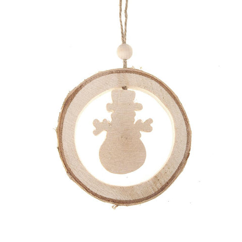 Carved Wood Snowman Round Hanging Christmas Tree Ornament, Natural, 4-1/4-Inch