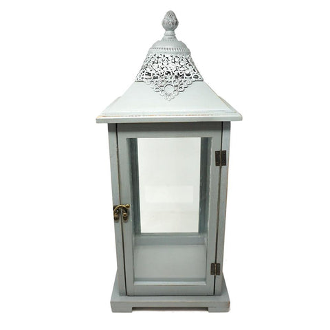 Flat Wooden Candle Lantern with Glass Doors, Gray, 19-Inch