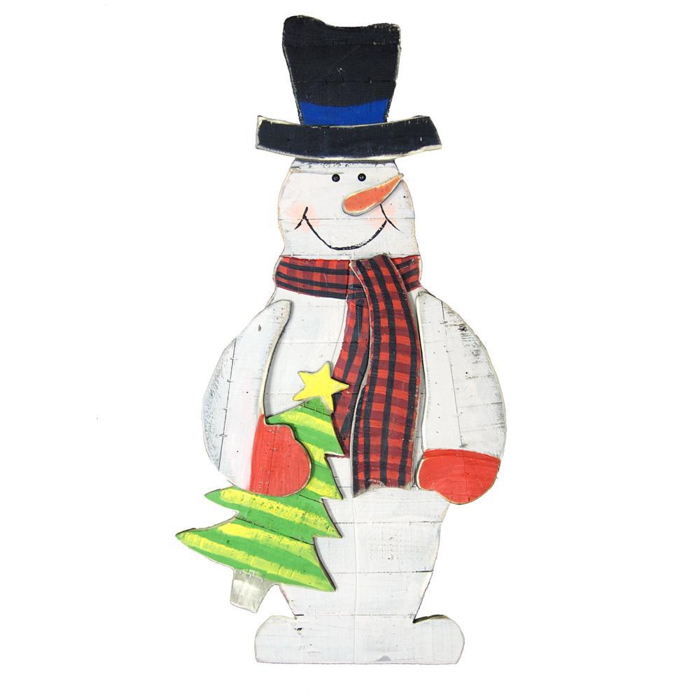 Extra Large Distressed Wooden Snowman Winter Holiday Stand, 36-Inch