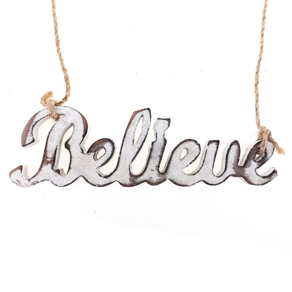 Wooden "Believe" Christmas Tree Ornament, Whitewash, 5-3/4-Inch