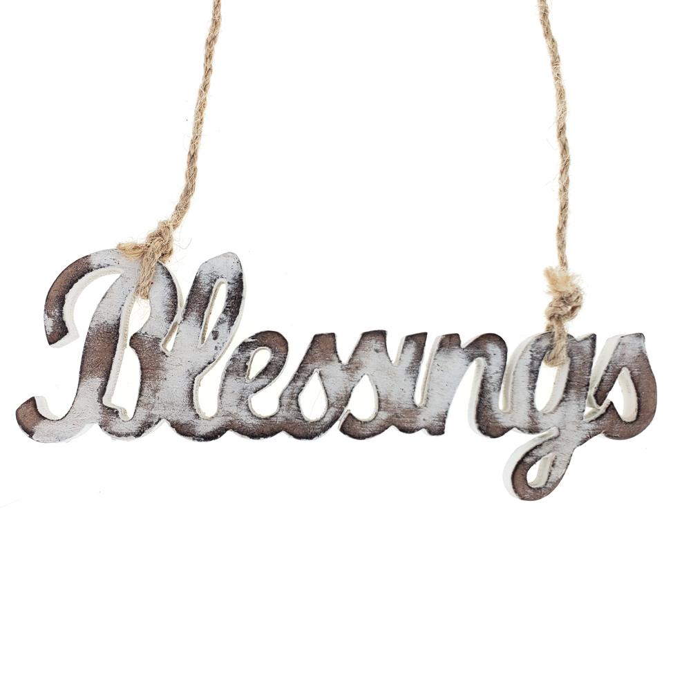Wooden "Blessing" Christmas Tree Ornament, Whitewash, 5-3/4-Inch