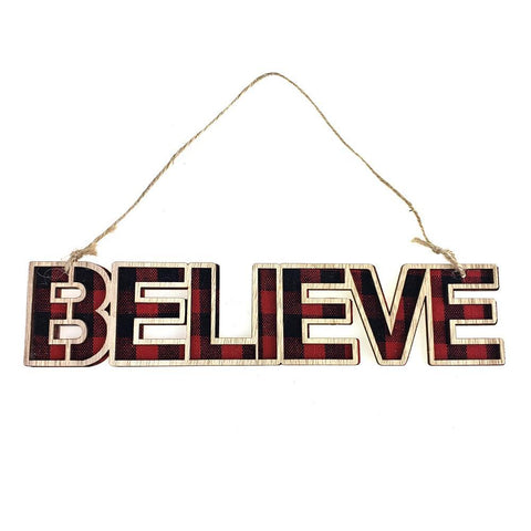 Wooden Buffalo "BELIEVE" Christmas Ornament, 9-Inch