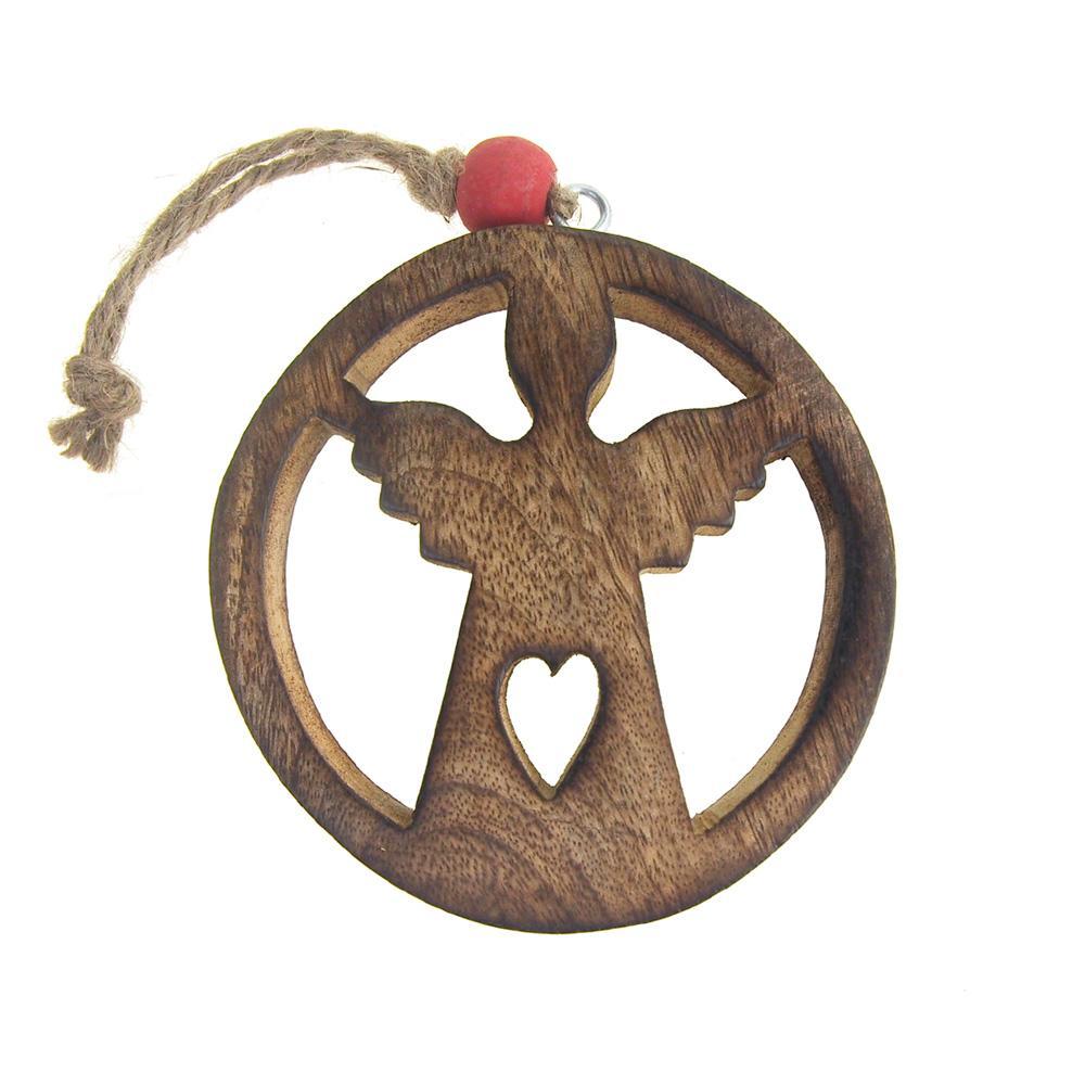 Hanging Wood Circle Angel Christmas Tree Ornament with Heart, Natural, 4-Inch