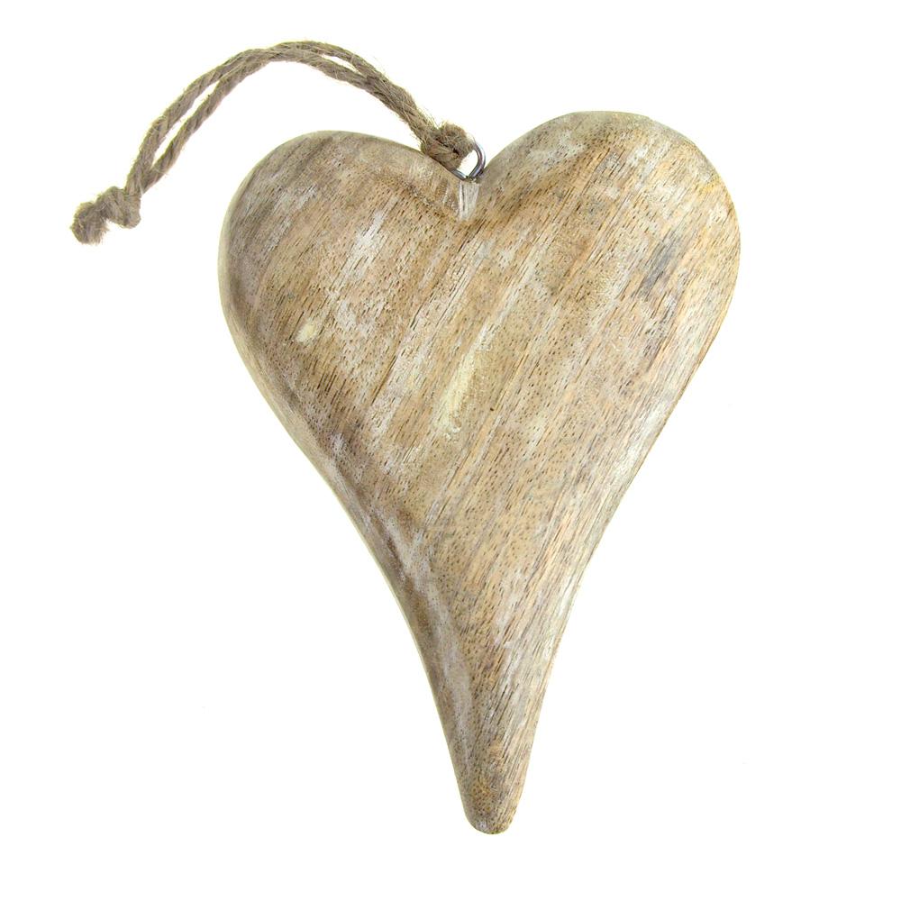 Hanging Wooden Heart Christmas Tree Ornament, White Wash, 6-Inch