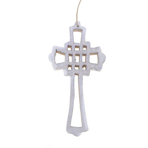 Hanging Wooden Distressed Cross Christmas Ornament, Rustic White, 5-1/2-Inch