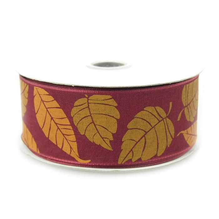 Leaves Poly Ribbon Wired Edge, 1-1/2-inch, 10-yard, Wine