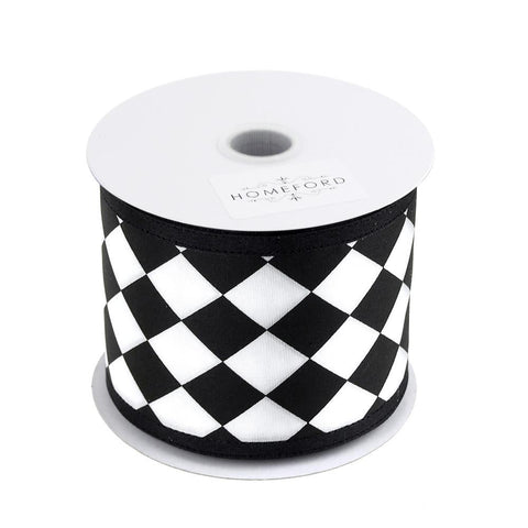 Harlequin Diamond Print Satin Wired Ribbon, 2-1/2-inch, 10-yard, Black/White