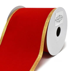 Red Velvet Metallic-Colored Trim Wired Ribbon, 4-Inch, 10-Yard