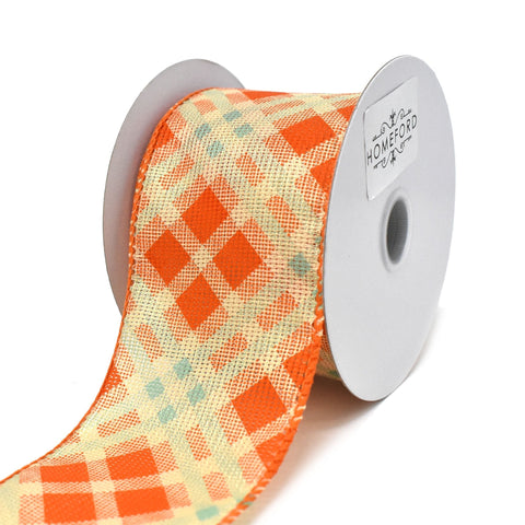 Orange/Teal Fall Plaid Pattern Wired Ribbon, 2-1/2-Inch, 10-Yard