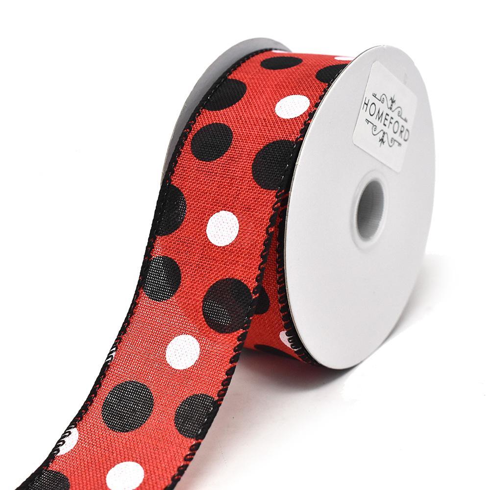 Polka Dot Red Linen Wired Ribbon, 1-1/2-Inch, 10-Yard